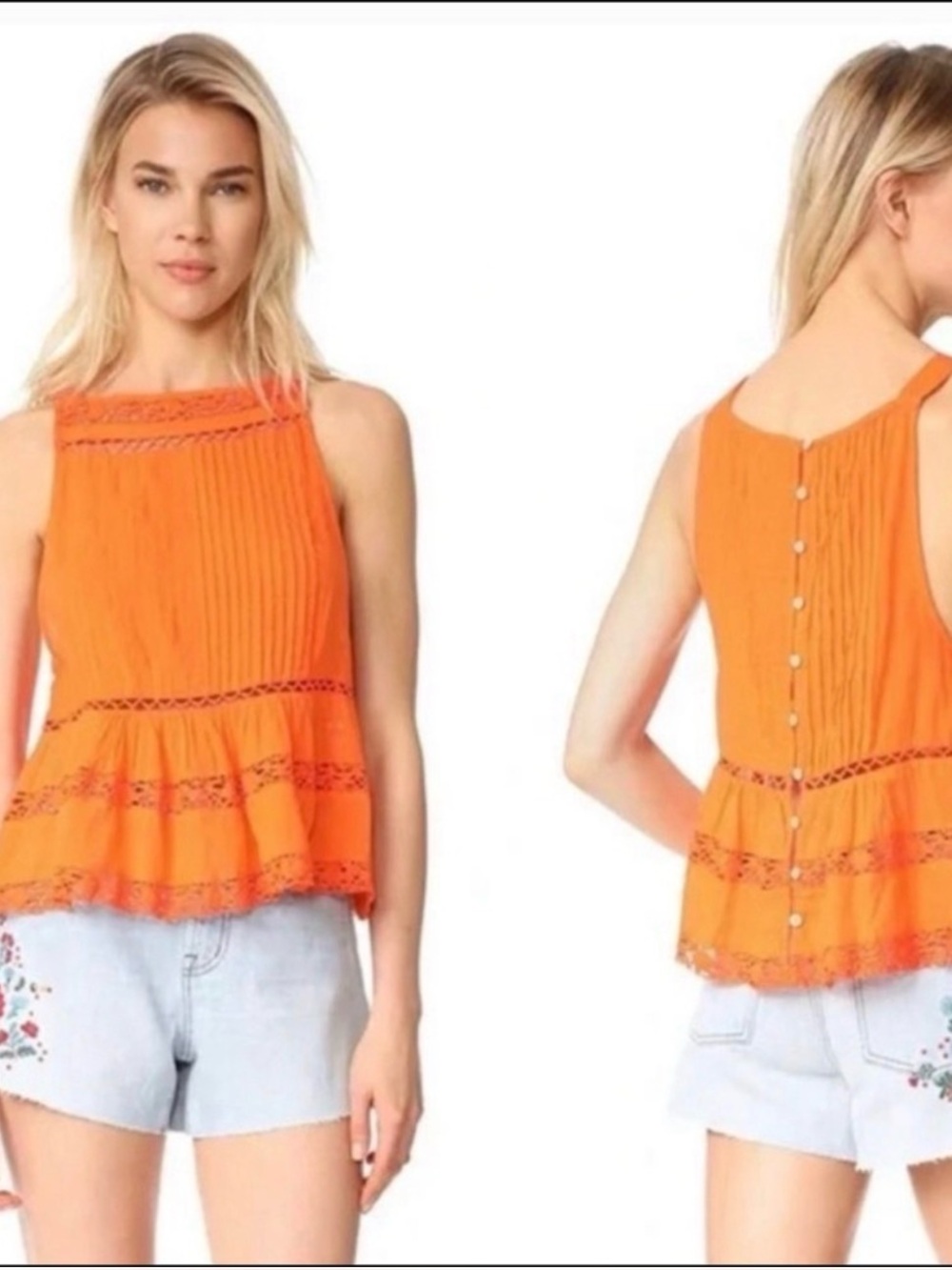 K191 Free People Orange Tank Blouse Sz XS Eyelet Crochet Button Detail NWOT